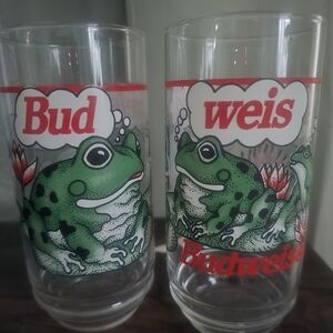 90's "Collection" Budweiser Frog Glasses with Red and Green Design